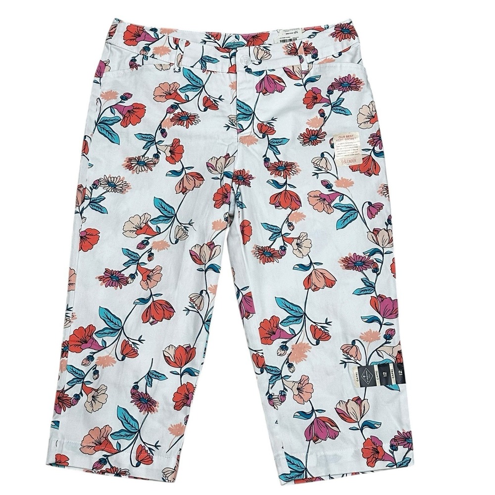 St Johns Bay Pants Womens 12 White Floral Lightweight Mid Rise Capris NWT